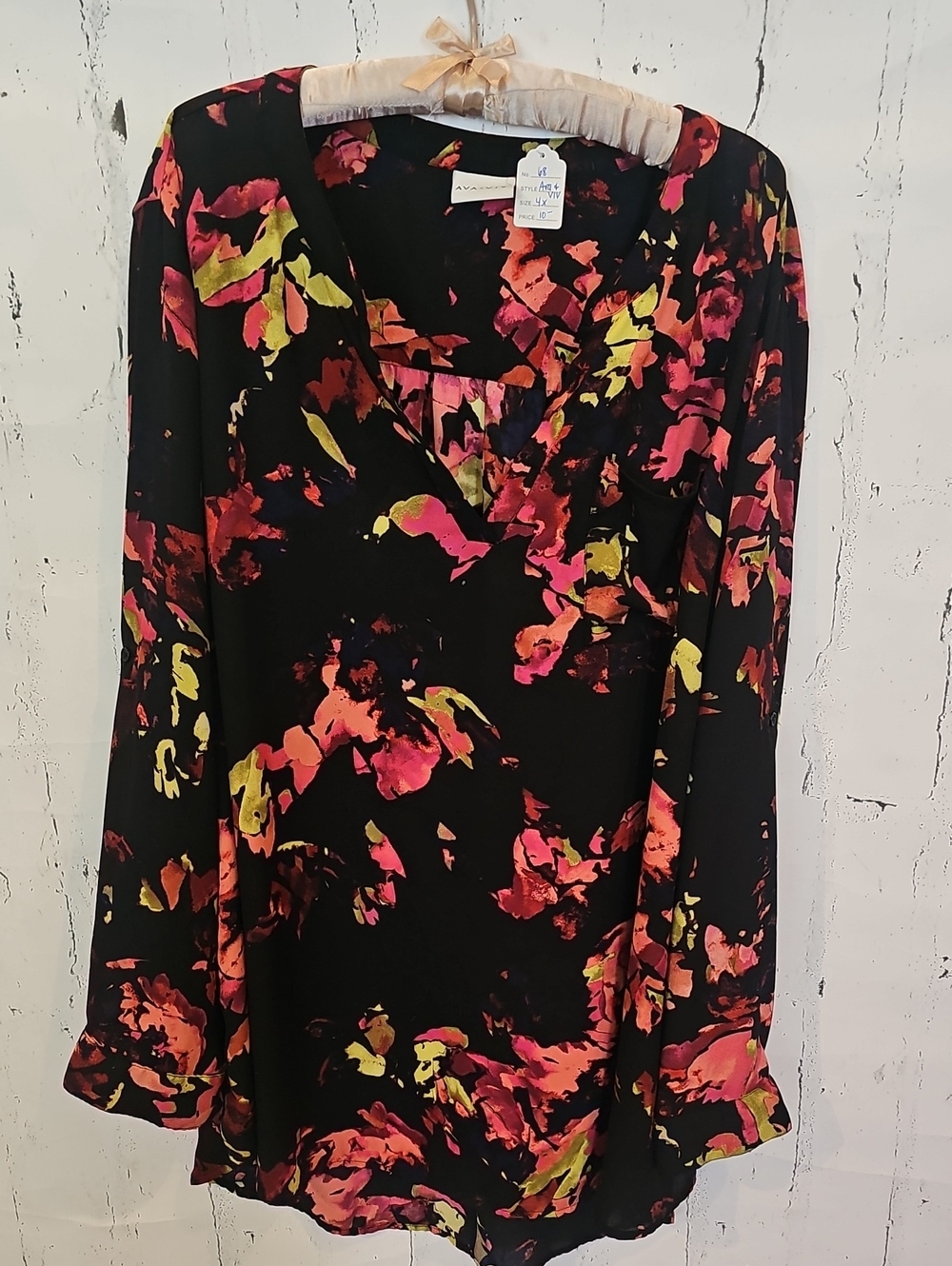Womens V-Neck Floral Print Blouse - Black with Pink & Lime 68